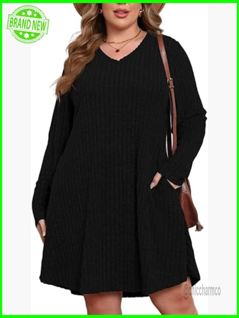 Plus Size Sweater Dress with Pockets V Neck Long Sleeve Casual Fall Winter
